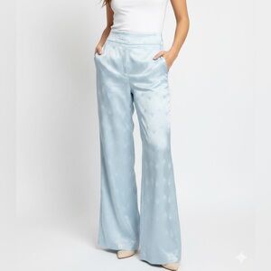 Light Blue Patterned Wide-Leg satin Pants